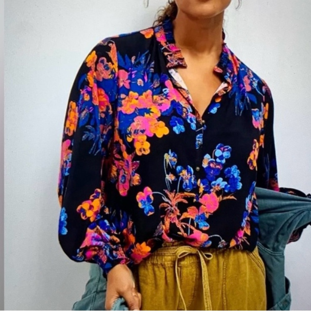 Maeve by ANTHRO, Orange, red, blue print Blouse with Mandarin Collar